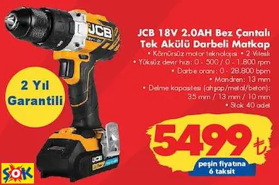 JCB 18V 2.0AH BEZ ÇANTALI TEK AKÜLÜ DARBELİ MATKAP JCB 18V 2.0AH BEZ ÇANTALI TEK AKÜLÜ DARBELİ MATKAP